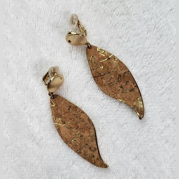 Peach Leaf Clip-On Earrings – Boho Gold Tone 2.75" - Picture 7 of 7